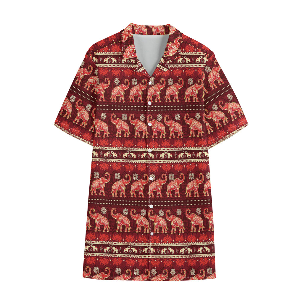Red Indian Elephant Pattern Print Cotton Hawaiian Shirt