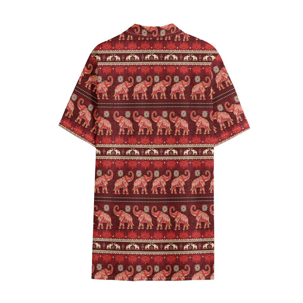 Red Indian Elephant Pattern Print Cotton Hawaiian Shirt