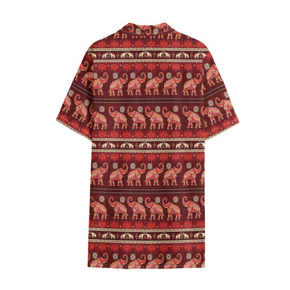 Red Indian Elephant Pattern Print Cotton Hawaiian Shirt