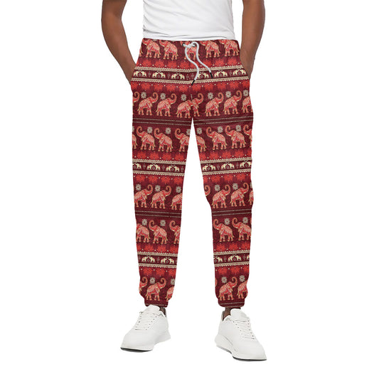 Red Indian Elephant Pattern Print Cotton Pants