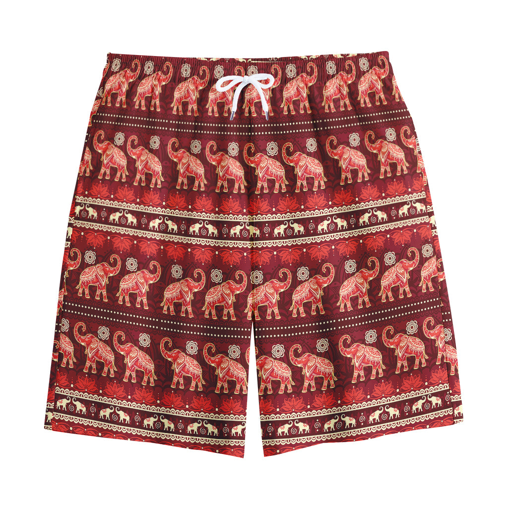 Red Indian Elephant Pattern Print Cotton Shorts