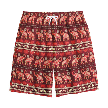 Red Indian Elephant Pattern Print Cotton Shorts