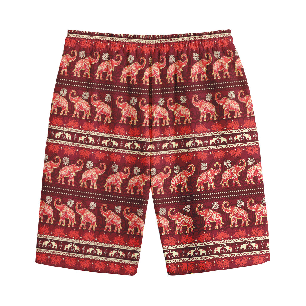 Red Indian Elephant Pattern Print Cotton Shorts