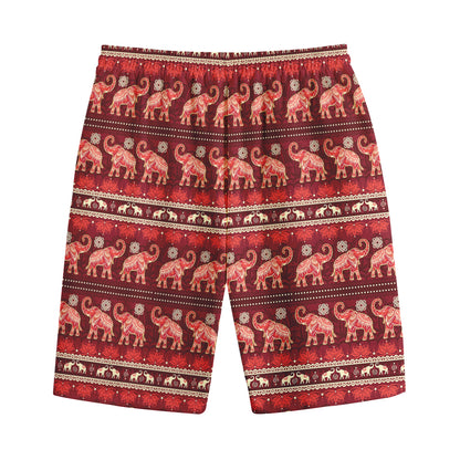 Red Indian Elephant Pattern Print Cotton Shorts