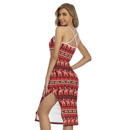 Red Indian Elephant Pattern Print Cross Back Cami Dress