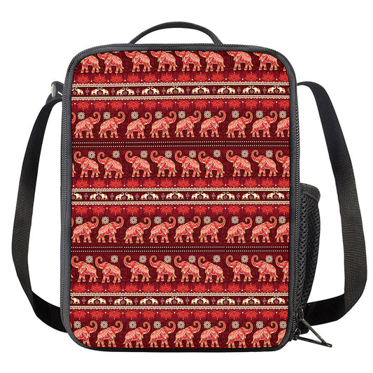 Red Indian Elephant Pattern Print Crossbody Lunch Bag