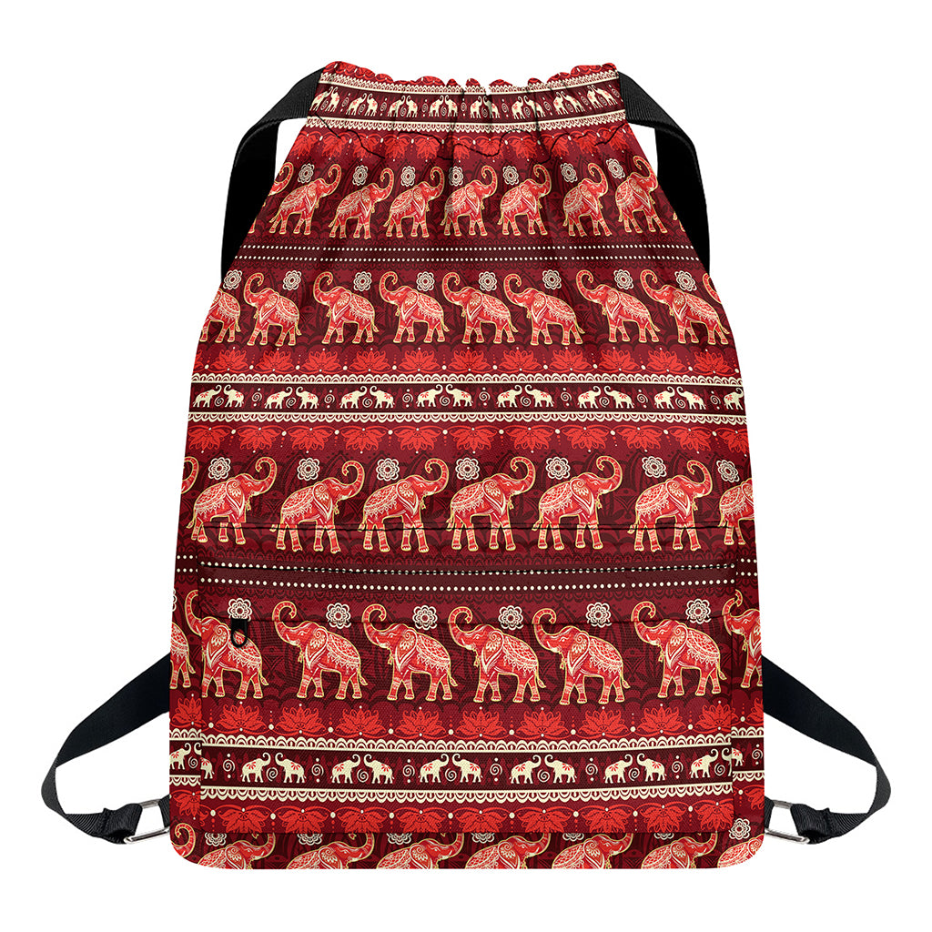 Red Indian Elephant Pattern Print Drawstring Backpack