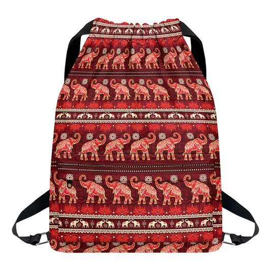 Red Indian Elephant Pattern Print Drawstring Backpack