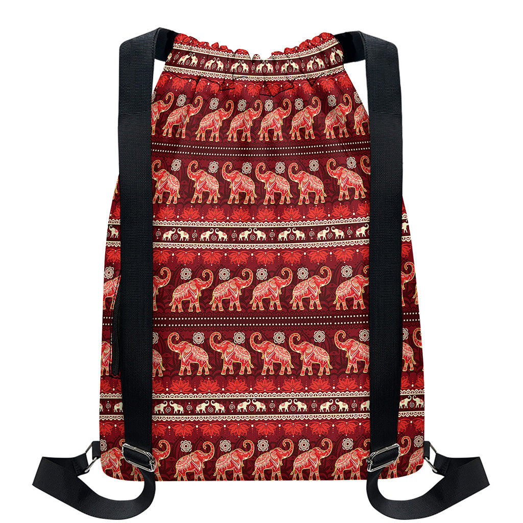 Red Indian Elephant Pattern Print Drawstring Backpack