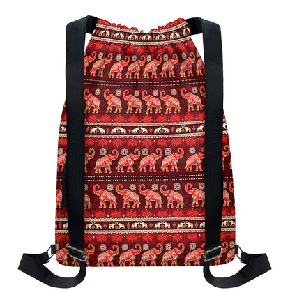 Red Indian Elephant Pattern Print Drawstring Backpack