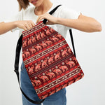 Red Indian Elephant Pattern Print Drawstring Backpack