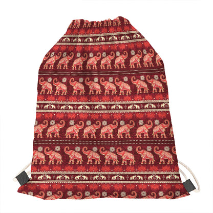 Red Indian Elephant Pattern Print Drawstring Bag