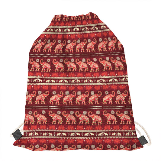 Red Indian Elephant Pattern Print Drawstring Bag