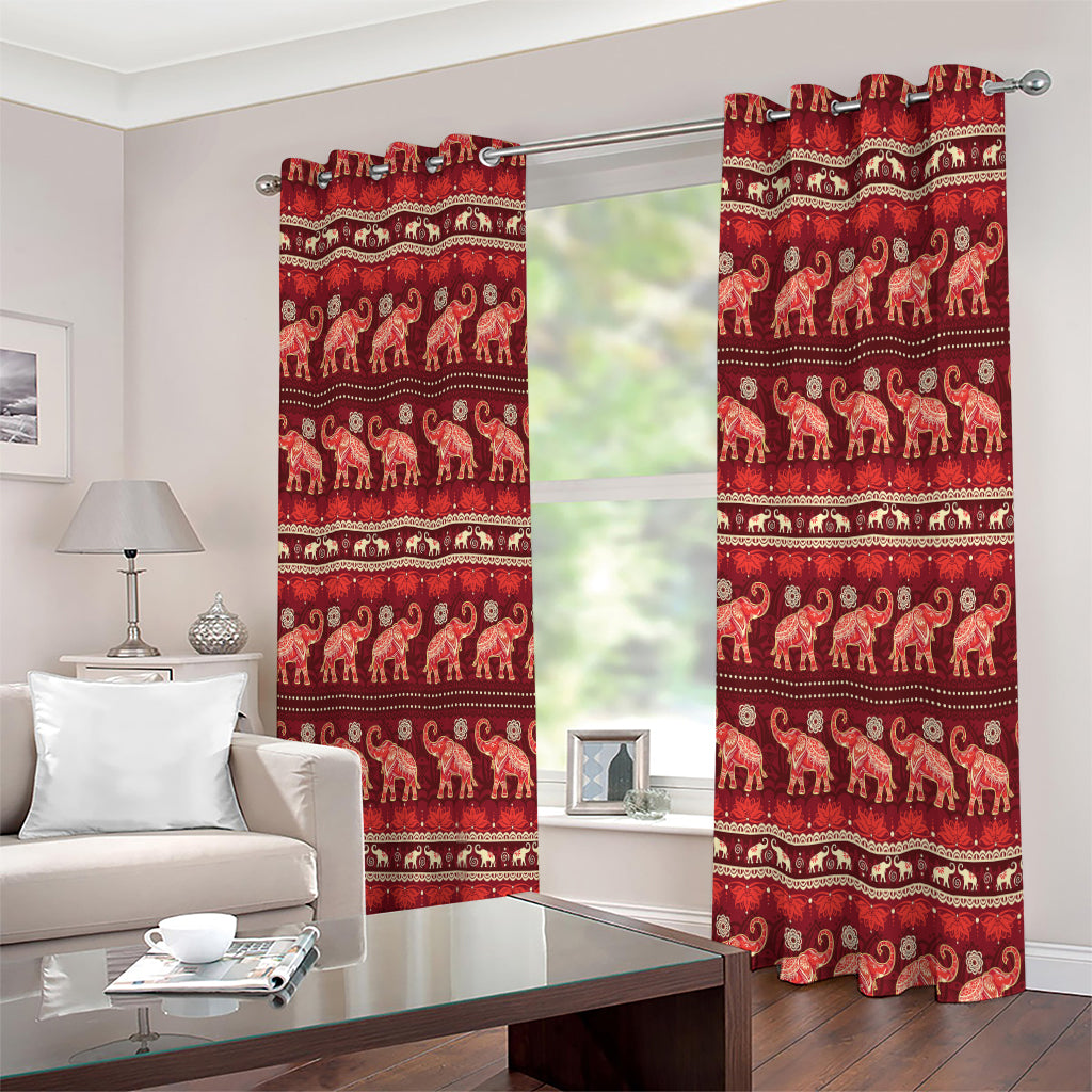 Red Indian Elephant Pattern Print Extra Wide Grommet Curtains