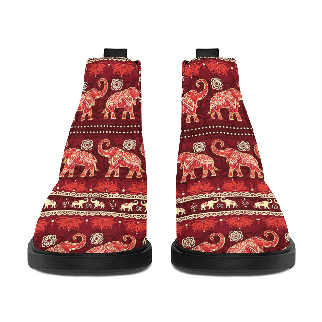 Red Indian Elephant Pattern Print Flat Ankle Boots