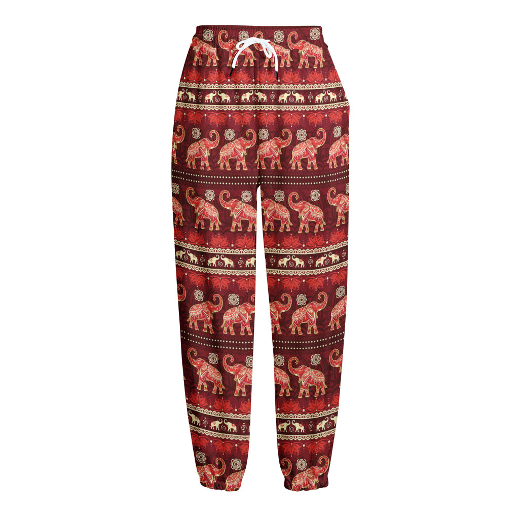 Red Indian Elephant Pattern Print Fleece Lined Knit Pants