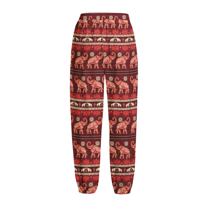 Red Indian Elephant Pattern Print Fleece Lined Knit Pants