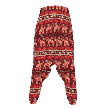 Red Indian Elephant Pattern Print Hammer Pants