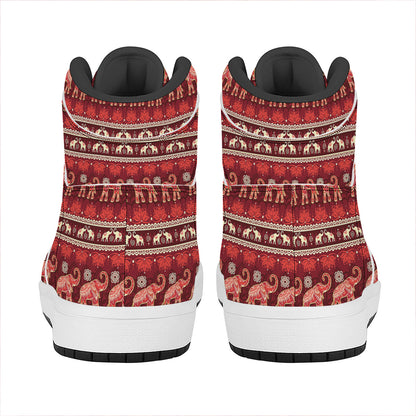 Red Indian Elephant Pattern Print High Top Leather Sneakers