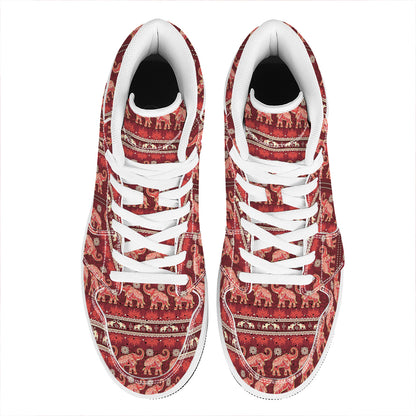 Red Indian Elephant Pattern Print High Top Leather Sneakers