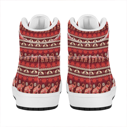 Red Indian Elephant Pattern Print High Top Leather Sneakers