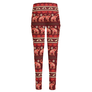 Red Indian Elephant Pattern Print High-Waisted Pocket Leggings