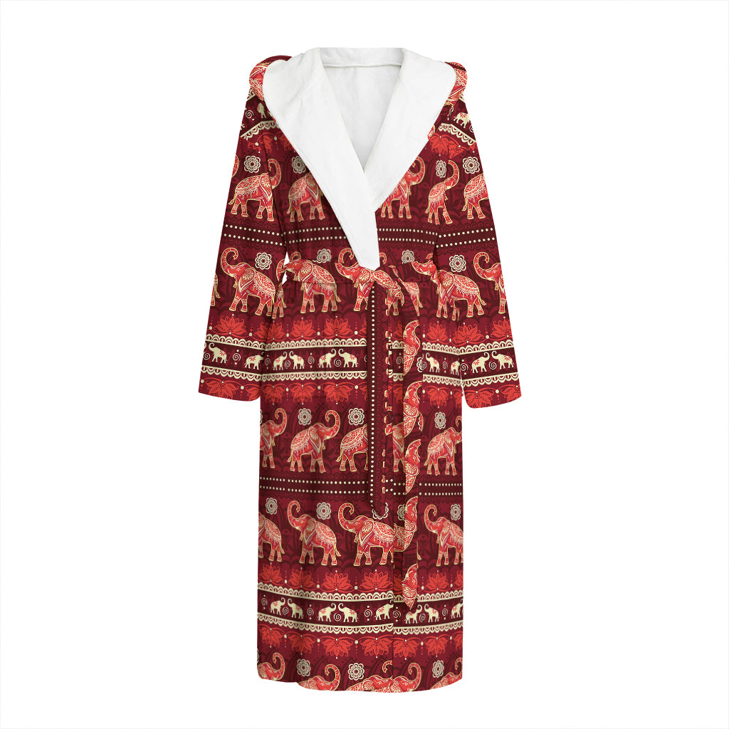 Red Indian Elephant Pattern Print Hooded Bathrobe