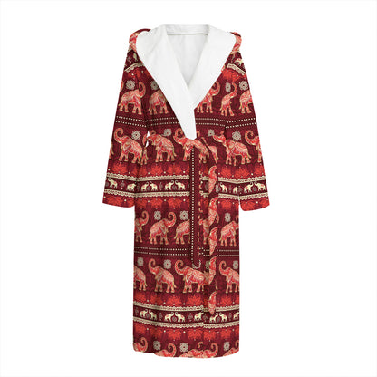 Red Indian Elephant Pattern Print Hooded Bathrobe