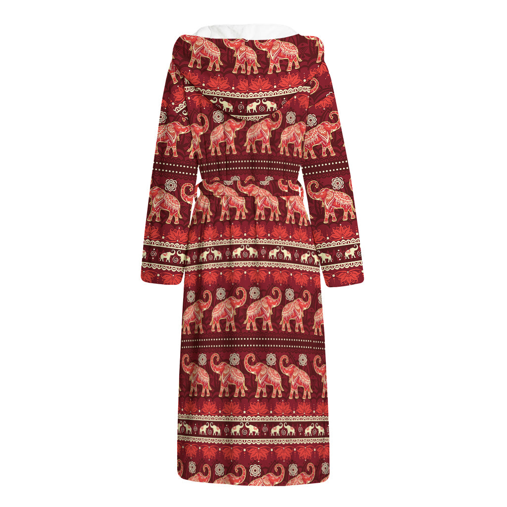 Red Indian Elephant Pattern Print Hooded Bathrobe