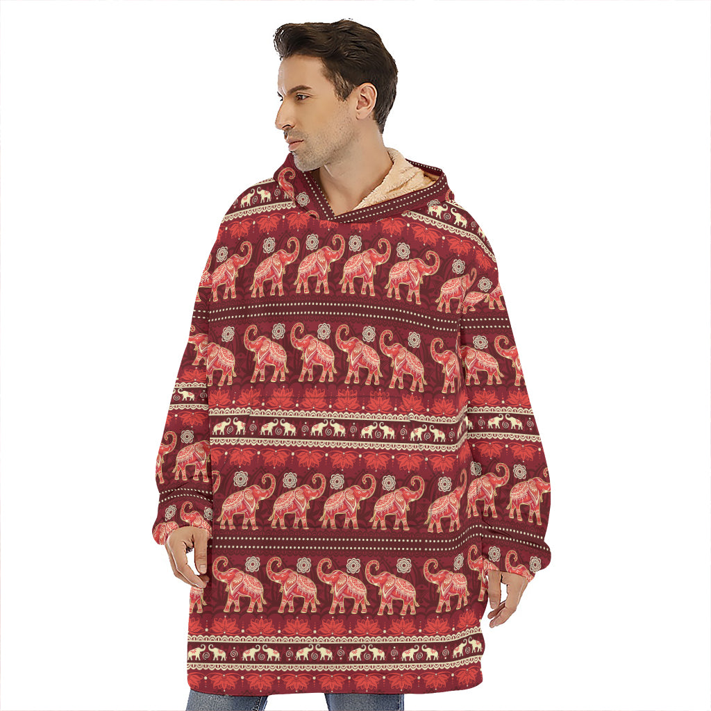 Red Indian Elephant Pattern Print Hoodie Blanket