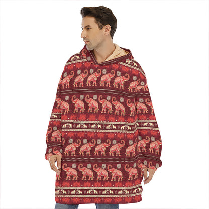 Red Indian Elephant Pattern Print Hoodie Blanket