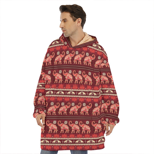 Red Indian Elephant Pattern Print Hoodie Blanket