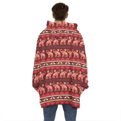 Red Indian Elephant Pattern Print Hoodie Blanket