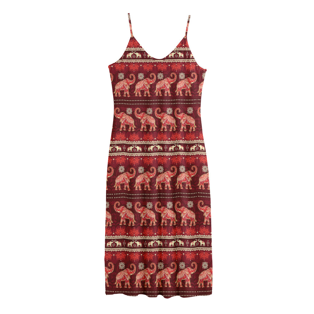 Red Indian Elephant Pattern Print Jersey Midi Cami Dress