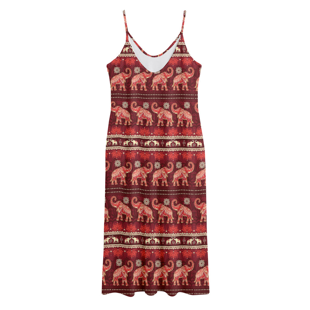 Red Indian Elephant Pattern Print Jersey Midi Cami Dress