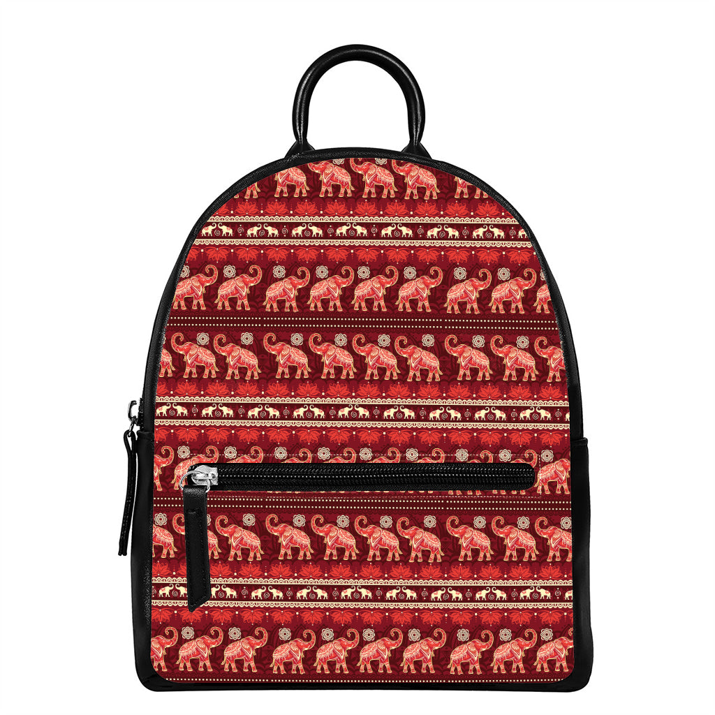 Red Indian Elephant Pattern Print Leather Backpack