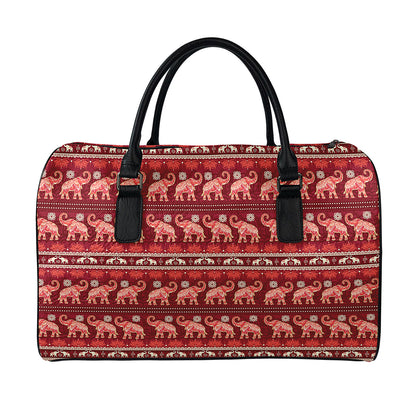 Red Indian Elephant Pattern Print Leather Duffle Bag