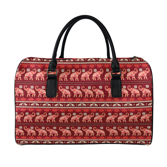 Red Indian Elephant Pattern Print Leather Duffle Bag