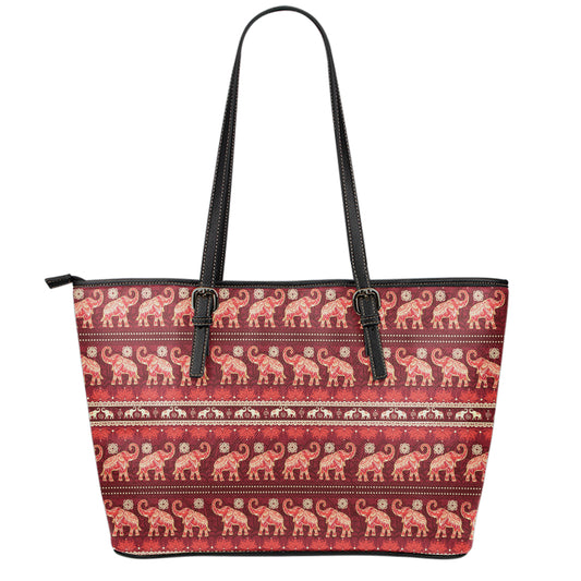 Red Indian Elephant Pattern Print Leather Tote Bag