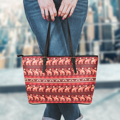 Red Indian Elephant Pattern Print Leather Tote Bag