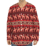 Red Indian Elephant Pattern Print Long Sleeve Baseball Jersey