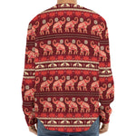 Red Indian Elephant Pattern Print Long Sleeve Baseball Jersey