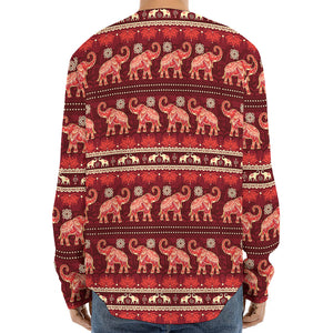 Red Indian Elephant Pattern Print Long Sleeve Baseball Jersey