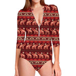 Red Indian Elephant Pattern Print Long Sleeve Swimsuit