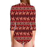 Red Indian Elephant Pattern Print Long Sleeve Swimsuit