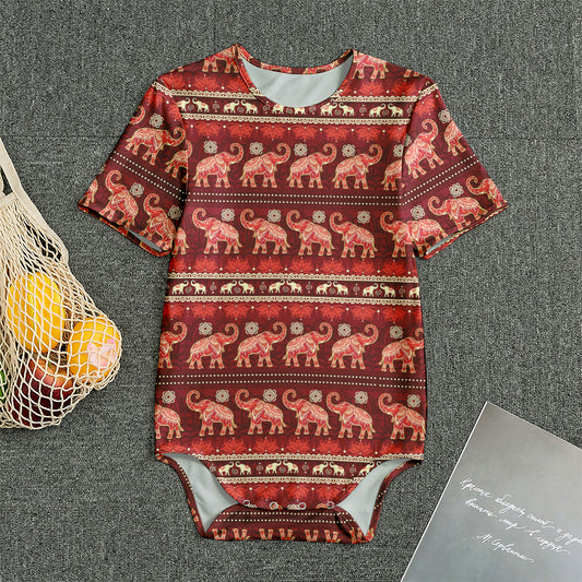 Red Indian Elephant Pattern Print Men's Bodysuit