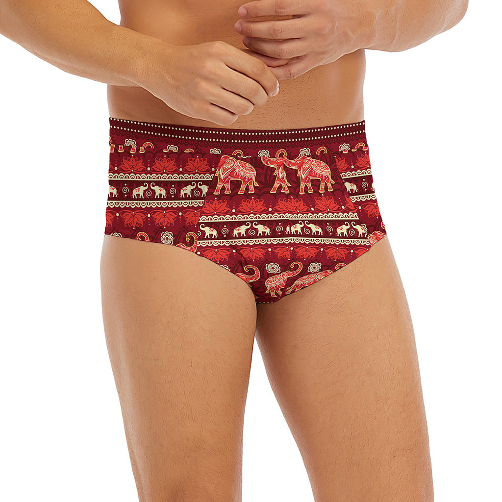 Red Indian Elephant Pattern Print Men's Briefs