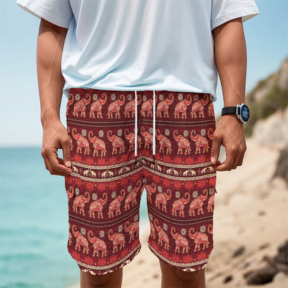 Red Indian Elephant Pattern Print Men's Cargo Shorts