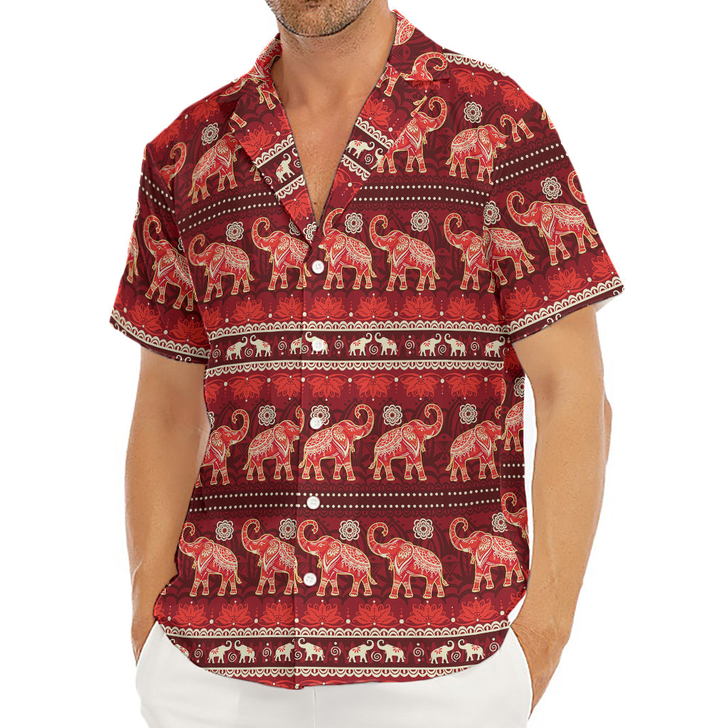 Red Indian Elephant Pattern Print Men's Deep V-Neck Shirt