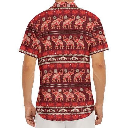 Red Indian Elephant Pattern Print Men's Deep V-Neck Shirt